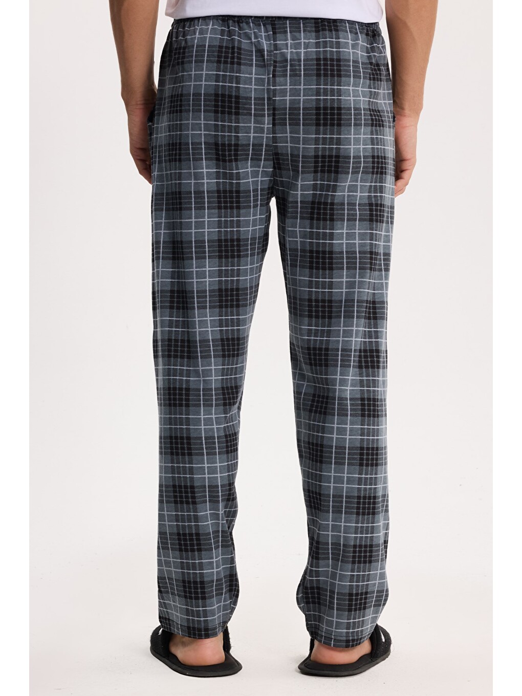 Erkek Standart Fit Normal Kesim Pamuklu Kareli Beli Bağcıklı Cepli Gri Pijama Altı-5