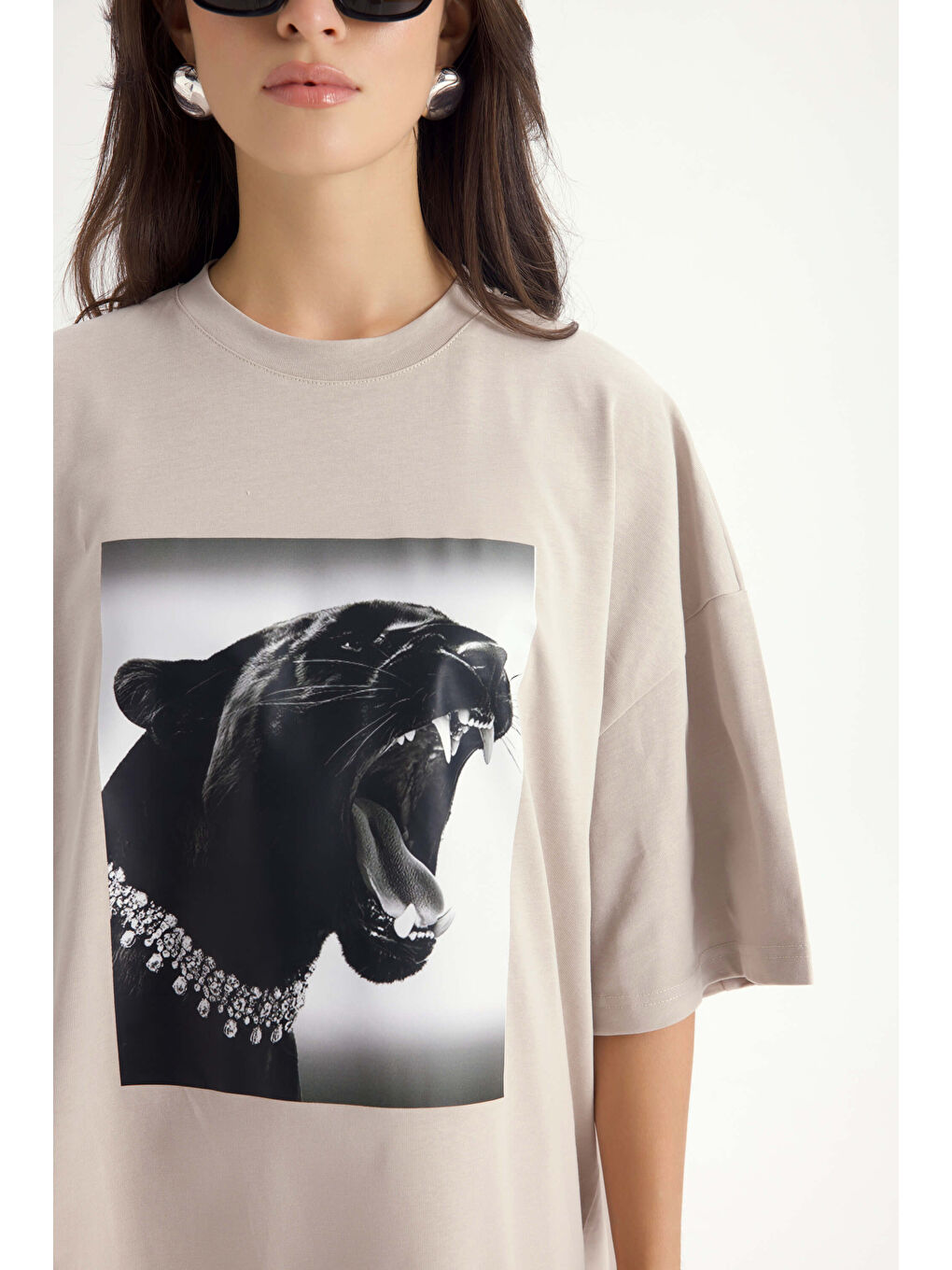 Bej Panthera Oversize Taş T-Shirt-6