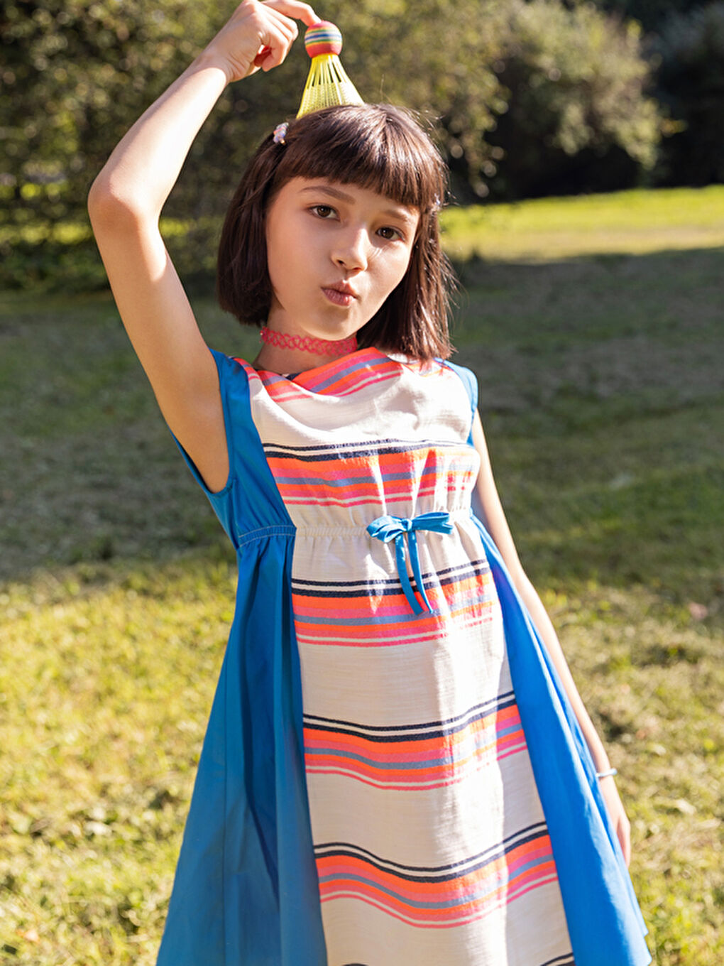 Mavi Renkli Çizgili Beli Kuşaklı Kız Çocuk Elbise-3