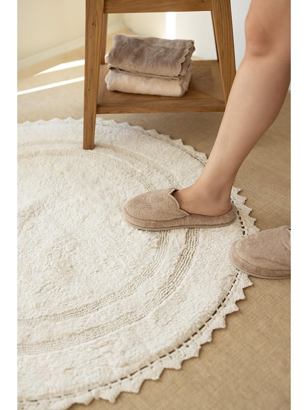 Olea Yuvarlak Banyo Paspası %100 Pamuk 100x100 cm Ekru-1