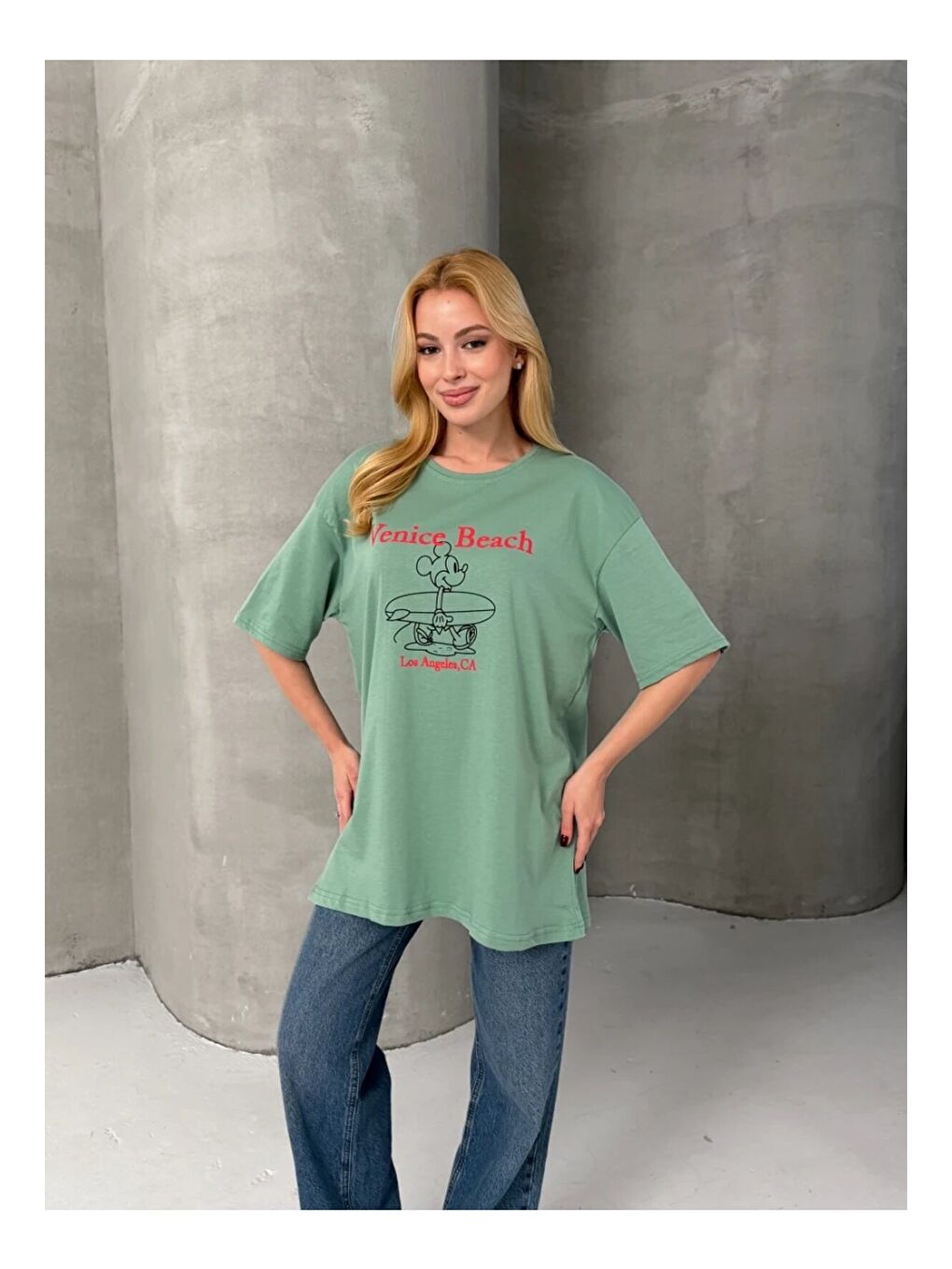 Venice Beach Baskılı Oversize Kadın Tişört – Mint Yeşil-2