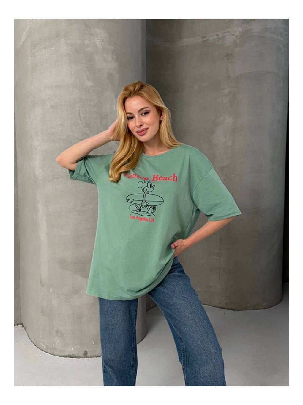 Venice Beach Baskılı Oversize Kadın Tişört – Mint Yeşil-3