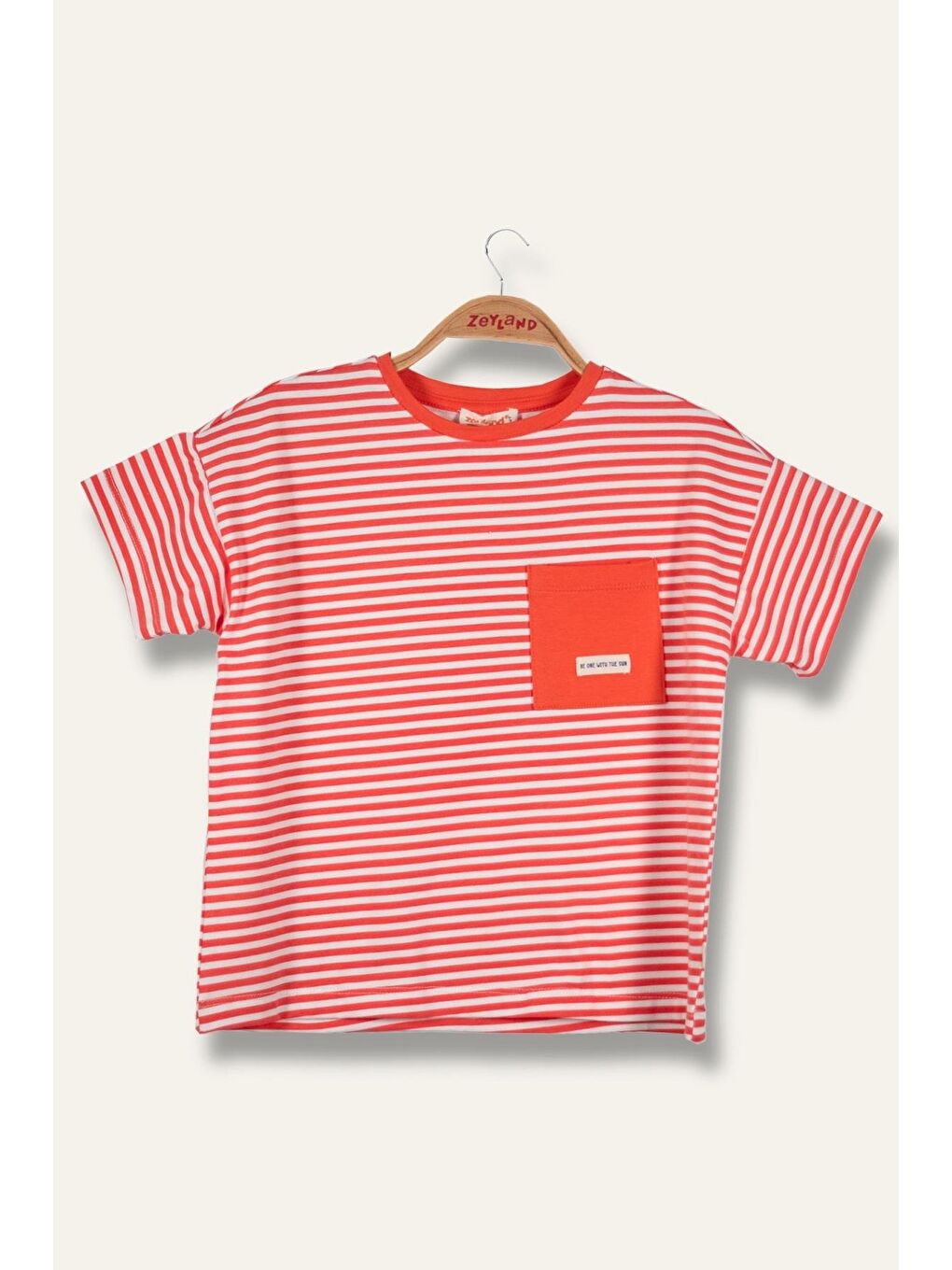Kırmızı Erkek Çocuk Çizgili Çepli T-Shirt - Coral Çizgili