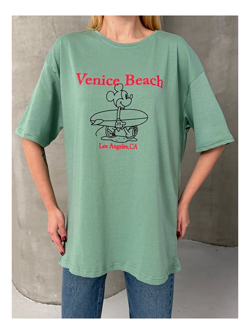 Venice Beach Baskılı Oversize Kadın Tişört – Mint Yeşil-4