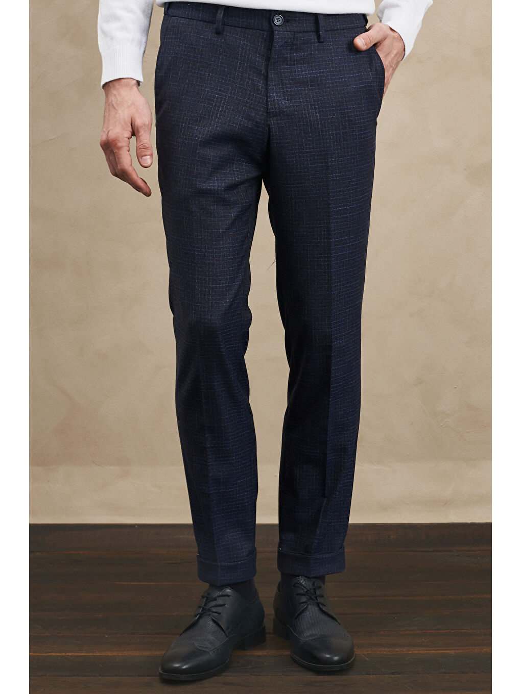 Erkek Lacivert Slim Fit Dar Kesim Desenli Beli Lastikli Pantolon