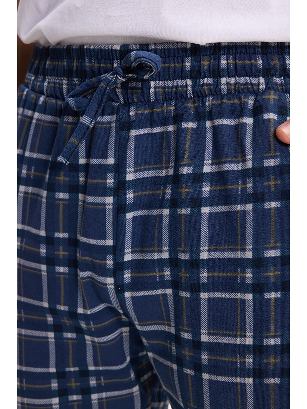 Erkek Standart Fit Normal Kesim Pamuklu Kareli Beli Bağcıklı Cepli Lacivert Pijama Altı-4