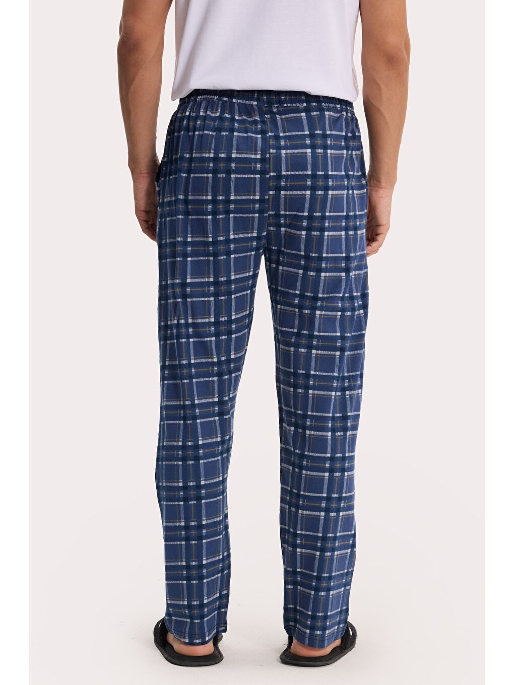 Erkek Standart Fit Normal Kesim Pamuklu Kareli Beli Bağcıklı Cepli Lacivert Pijama Altı-5