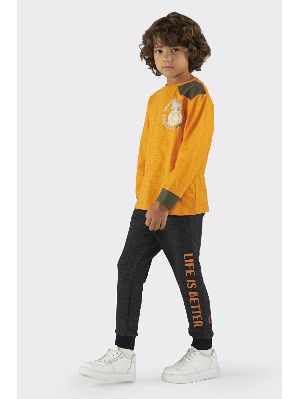 Turuncu Erkek Çocuk Baskı Detaylı Uzun Kollu Tişört-1
