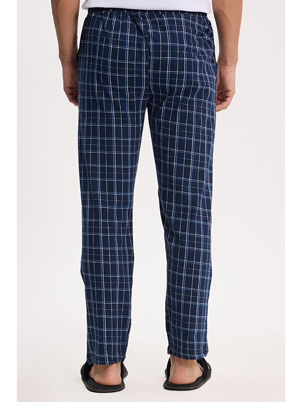 Erkek Standart Fit Normal Kesim Pamuklu Kareli Beli Bağcıklı Cepli Lacivert Pijama Altı-5