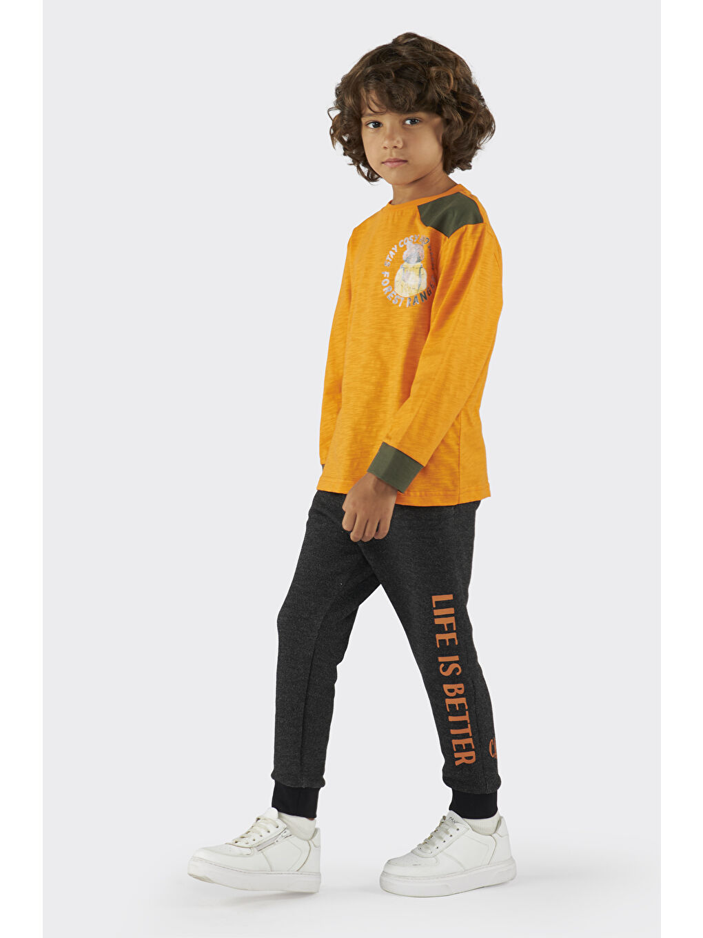 Turuncu Erkek Çocuk Baskı Detaylı Uzun Kollu Tişört-3