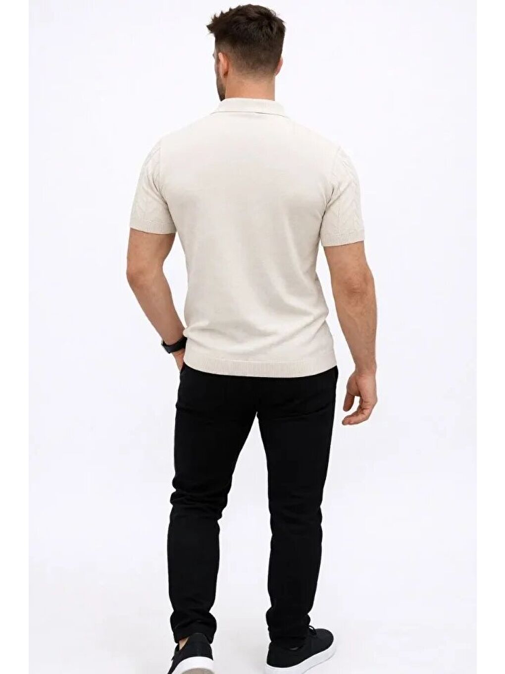 Ekru Erkek Yazlık Triko Tişört Kısa Kol Polo Yaka Düğmeli-1