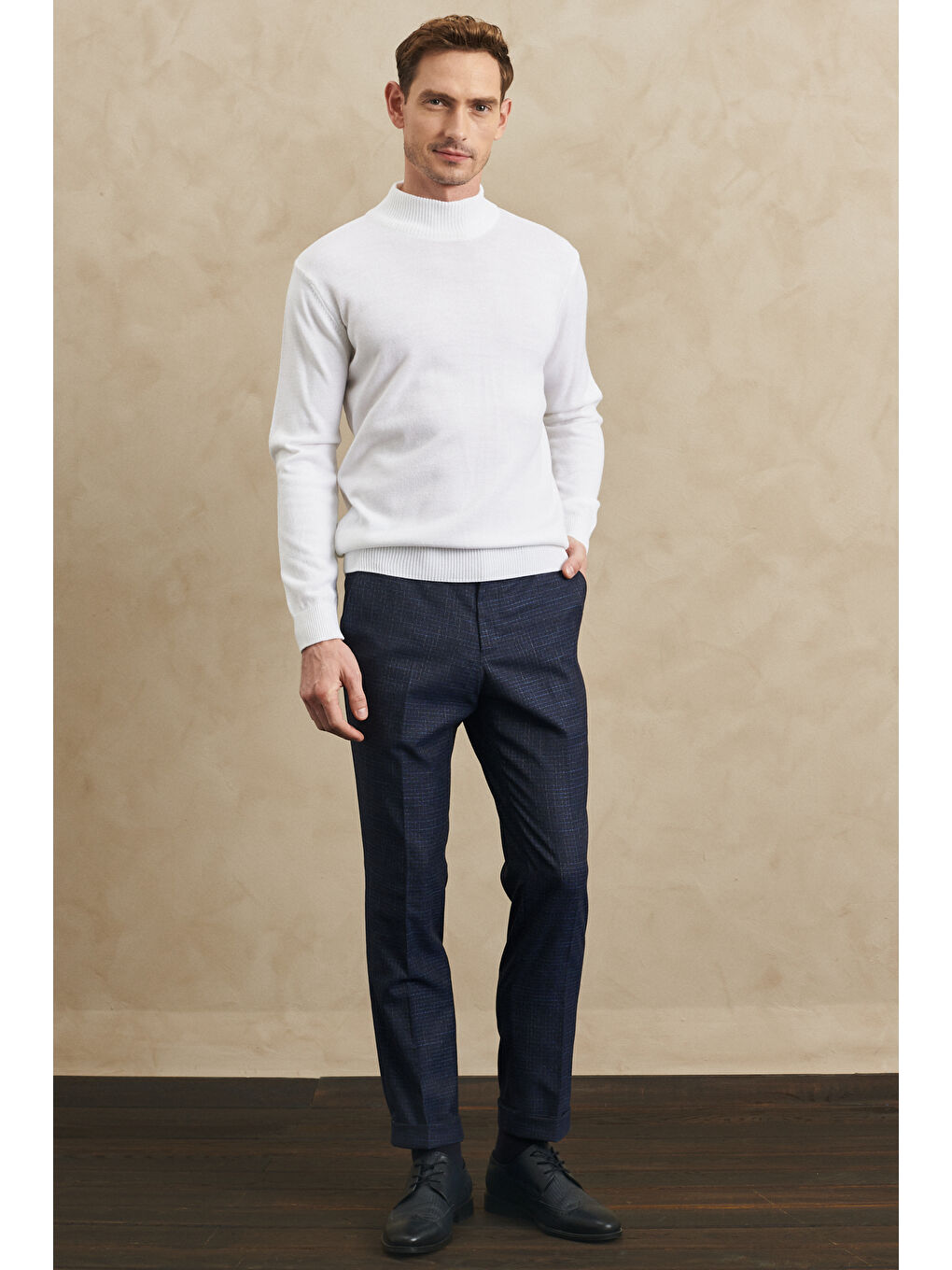 Erkek Lacivert Slim Fit Dar Kesim Desenli Beli Lastikli Pantolon-1