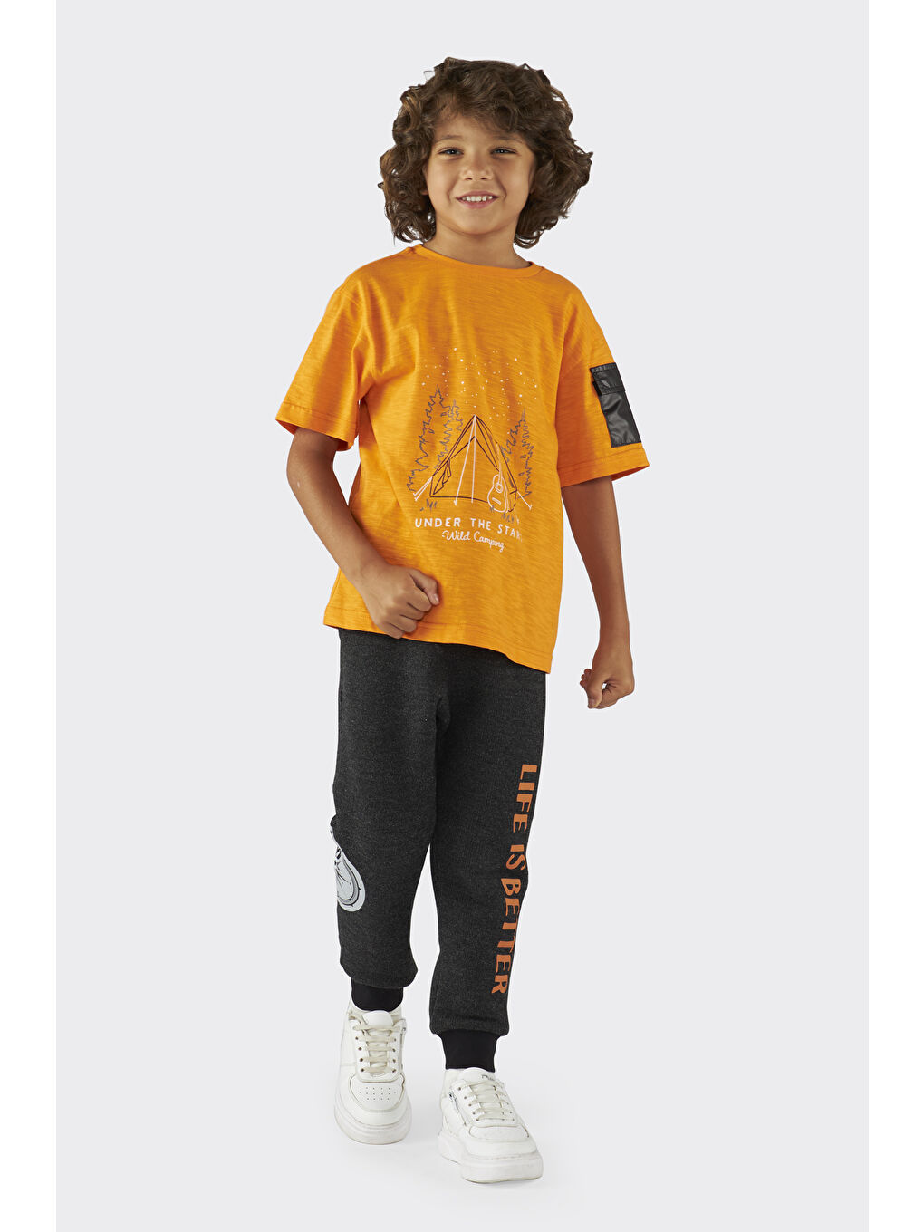 Turuncu Erkek Çocuk Baskı Detaylı Tişört-5
