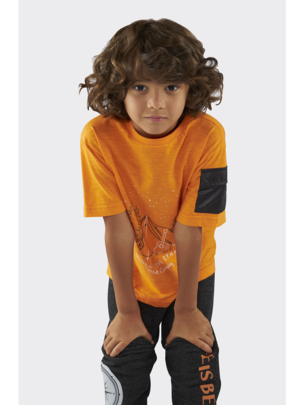 Turuncu Erkek Çocuk Baskı Detaylı Tişört-8