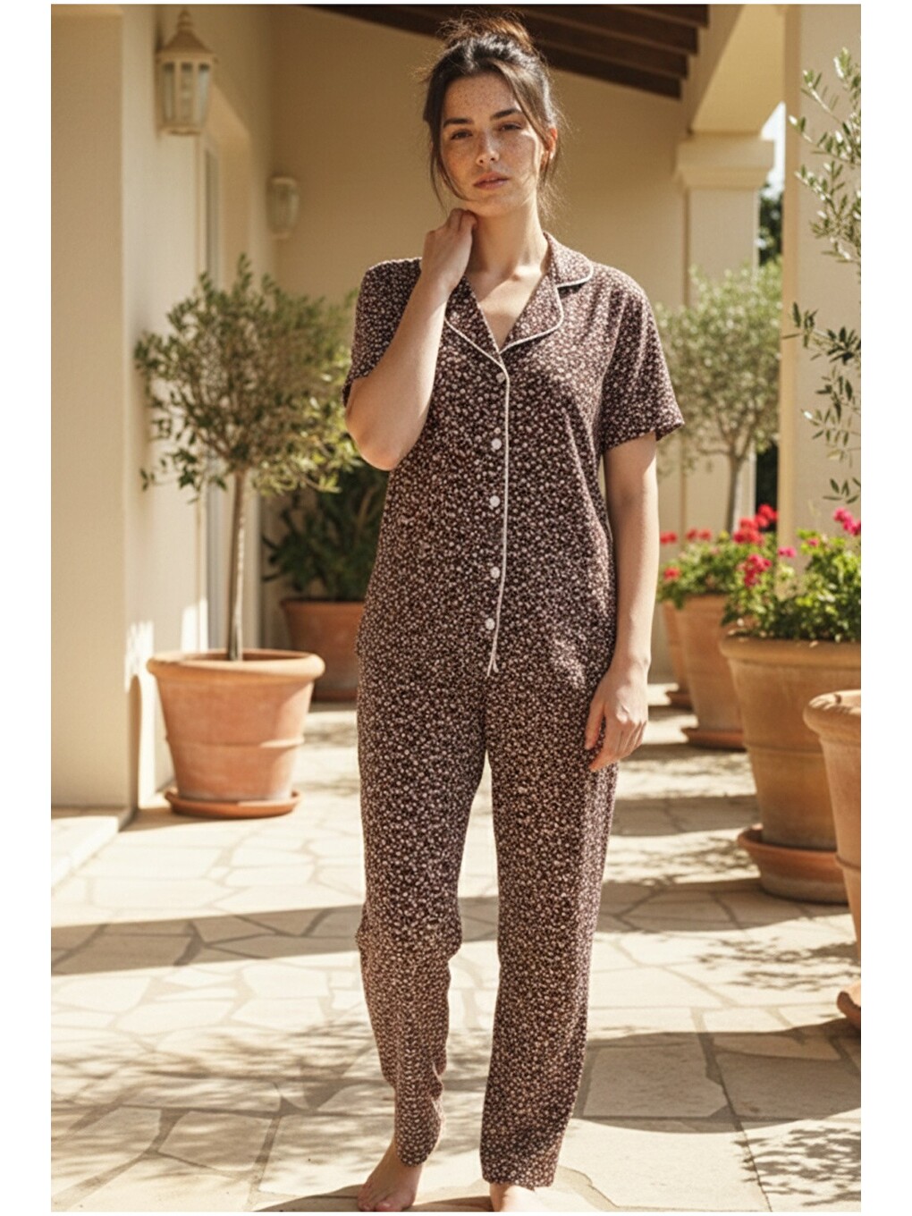Bordo Düğmeli Biyeli Viskon Örme Pijama Takım 26120766-1