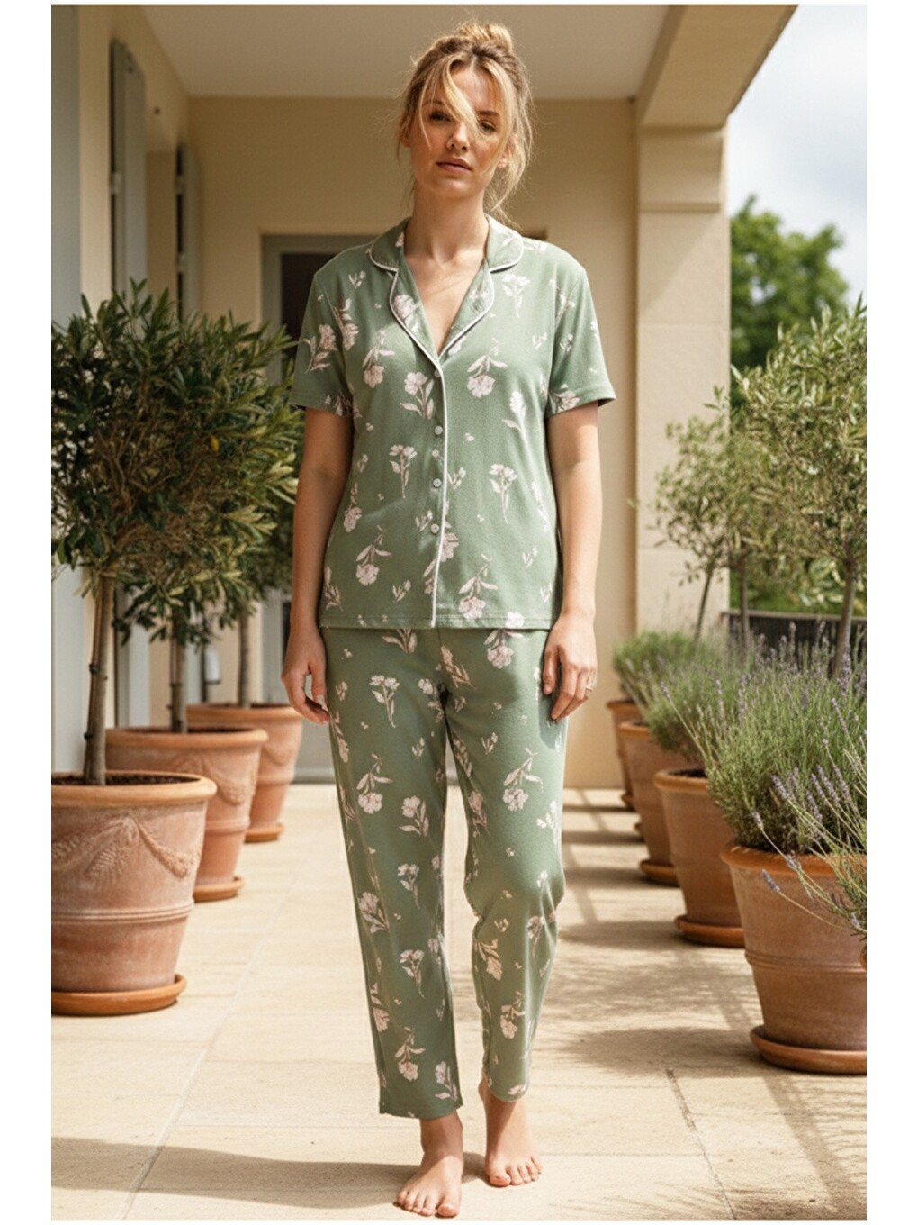 Yeşil Düğmeli Biyeli Viskon Örme Pijama Takım 26120766-1