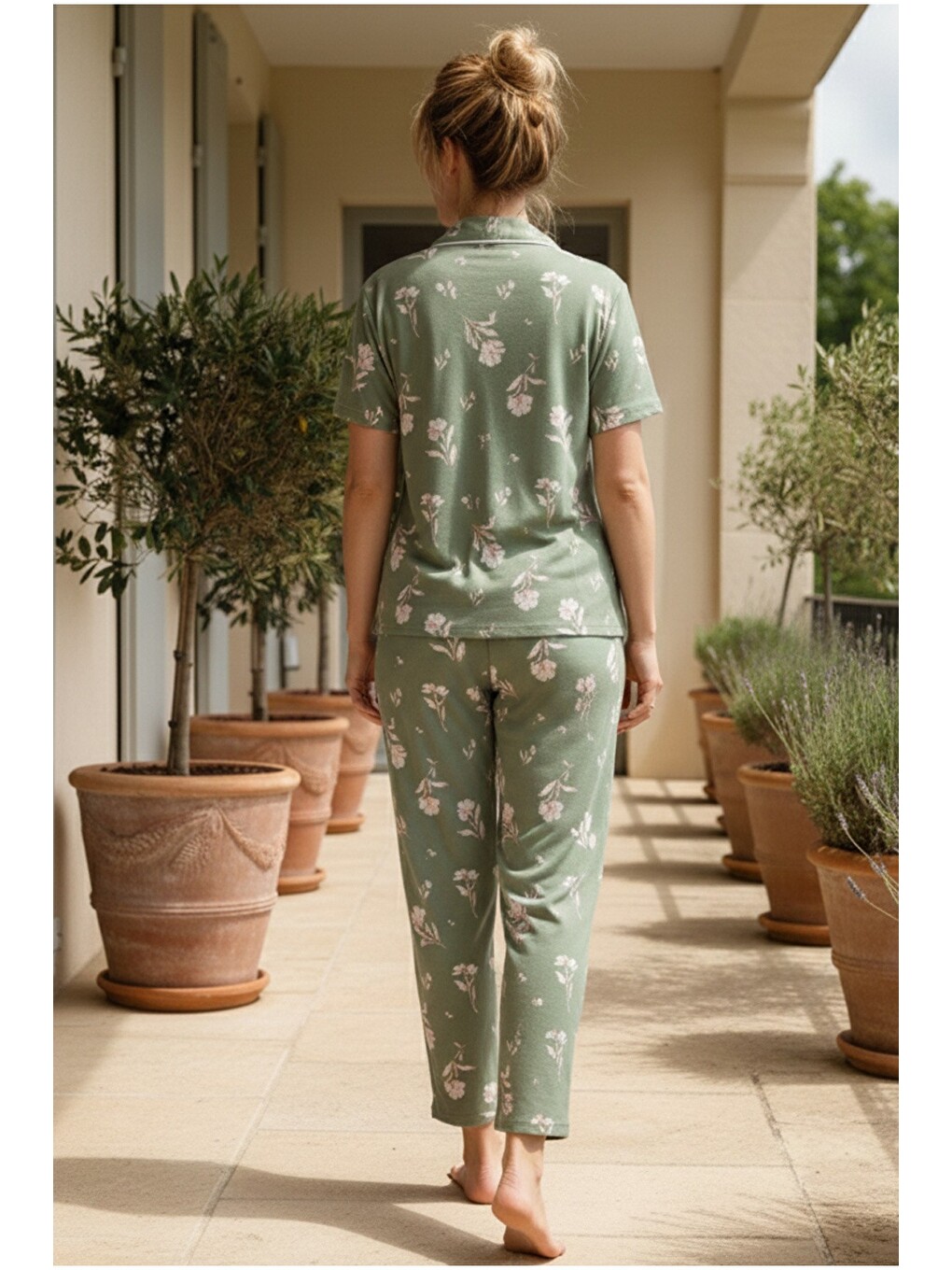 Yeşil Düğmeli Biyeli Viskon Örme Pijama Takım 26120766-2