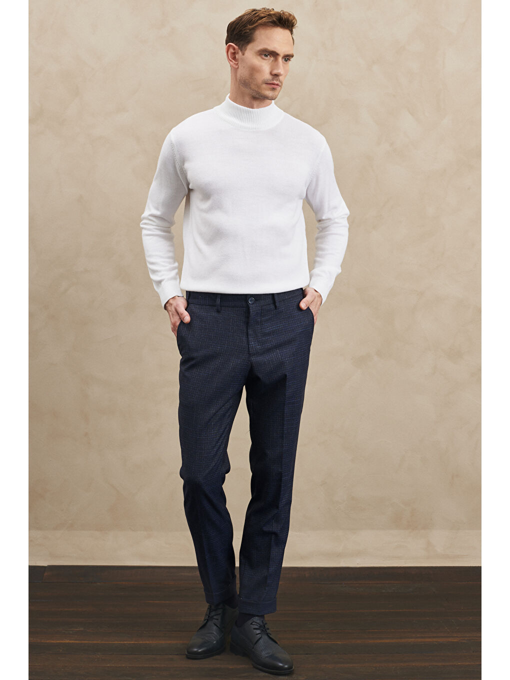 Erkek Lacivert Slim Fit Dar Kesim Desenli Beli Lastikli Pantolon-3