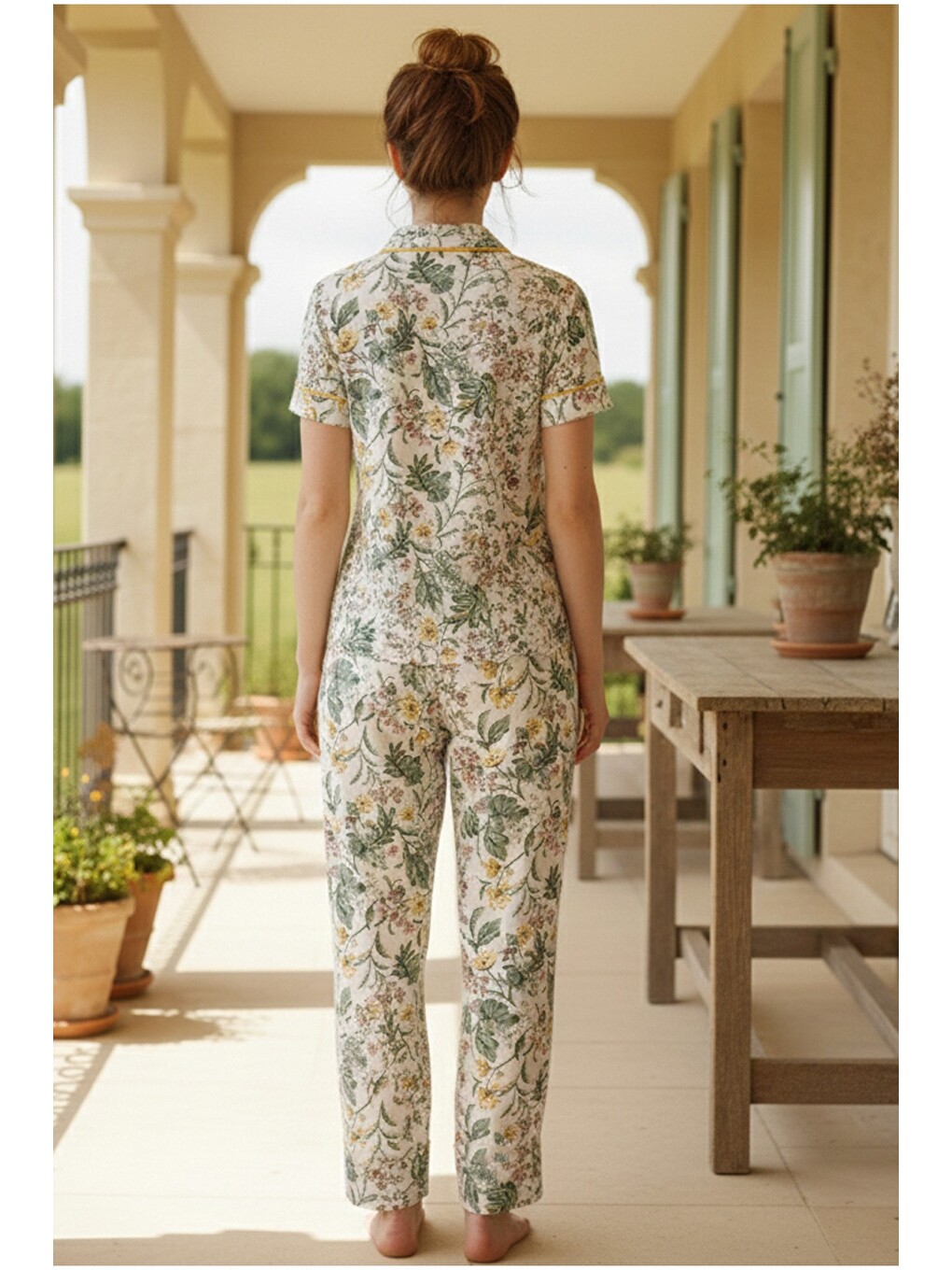 Ekru Düğmeli Biyeli Viskon Örme Pijama Takım 26120766-2