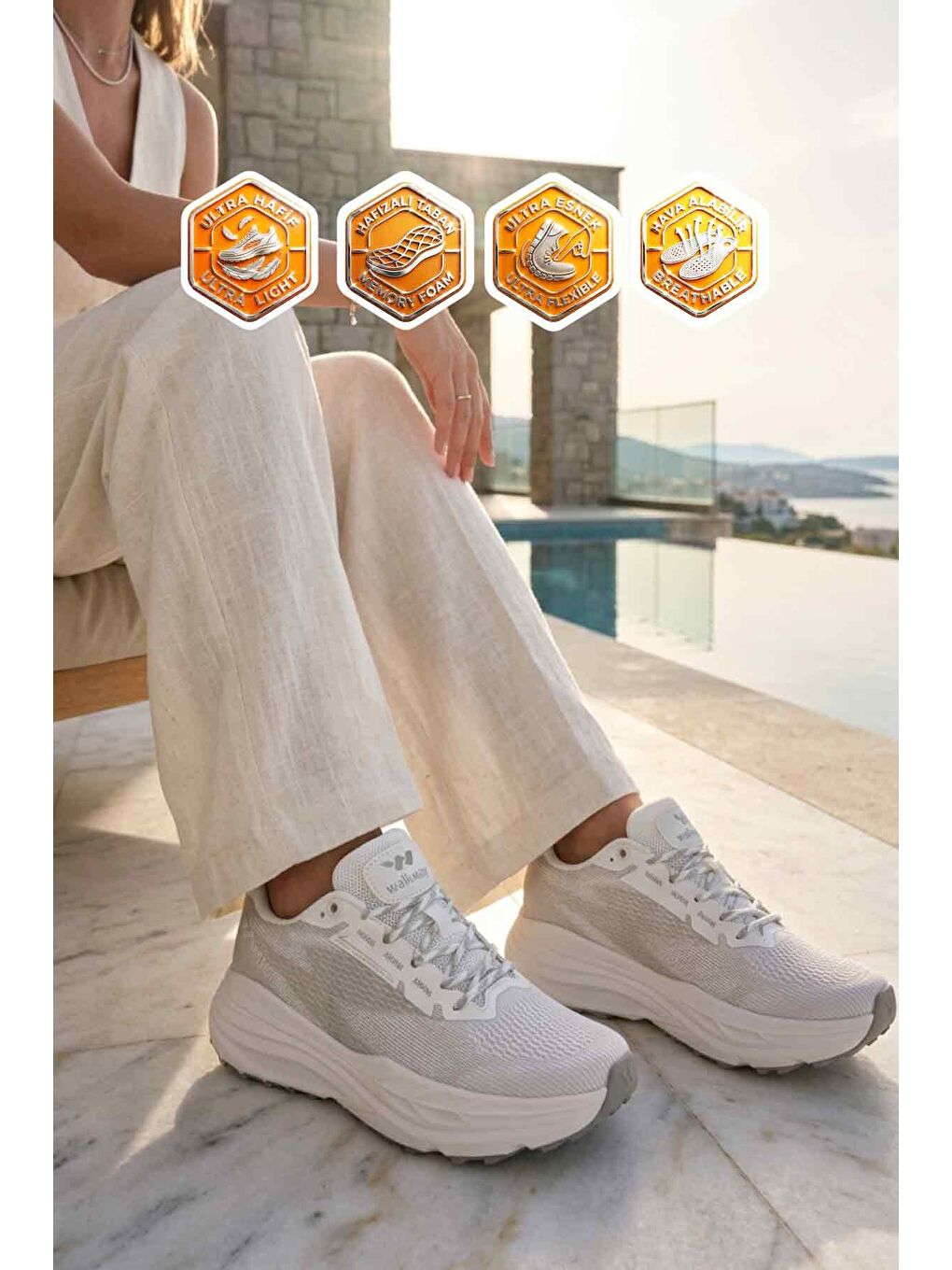 Beyaz Gümüş Fileli Hafif Esnek Hafızalı Taban Unisex Spor Ayakkabı Flexion G-1