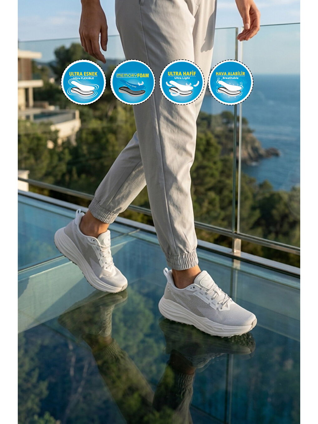 Beyaz Gümüş Fileli Hafif Esnek Hafızalı Taban Unisex Spor Ayakkabı Flexion G-2