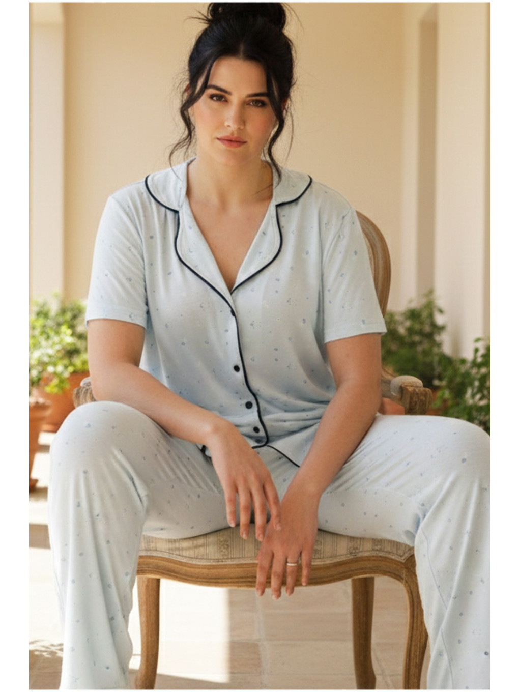 Mavi Beden Battal Boy Düğmeli Biyeli Viskon Örme Pijama Takım 26120962