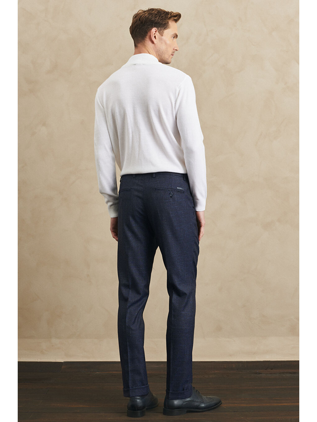 Erkek Lacivert Slim Fit Dar Kesim Desenli Beli Lastikli Pantolon-4