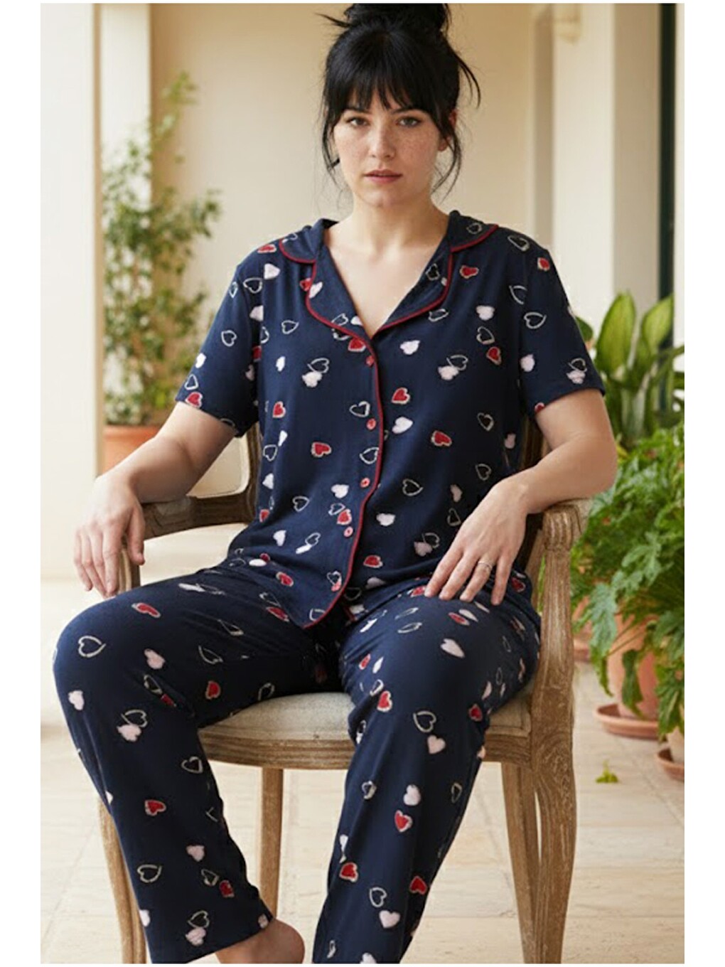Lacivert Beden Battal Boy Düğmeli Biyeli Viskon Örme Pijama Takım 26120962