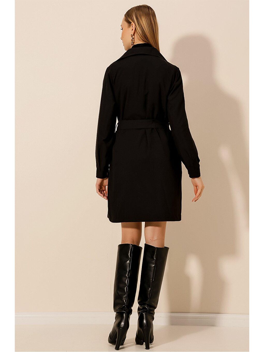 Siyah Kruvaze Yaka Mevsimlik TRENÇ-4