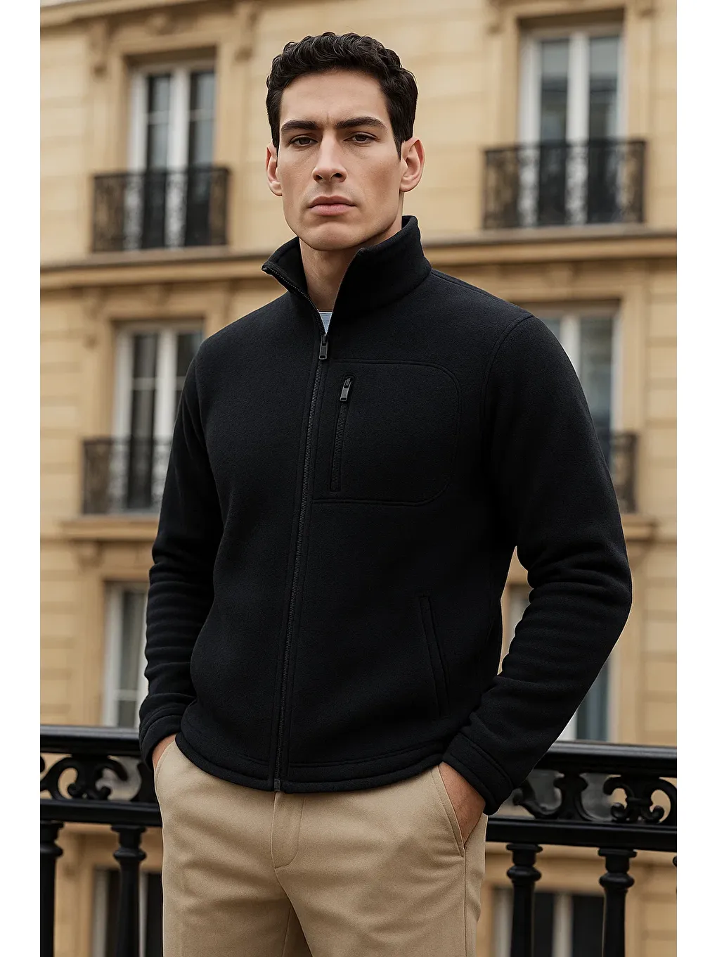 Erkek Kışlık Basic Fermuarlı Cepli Siyah Polar Hırka