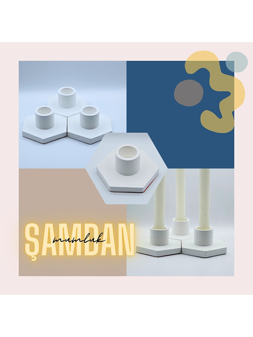 Beyaz Lumen Dekoratif 3'lü Mumluk & Şamdan Seti-1