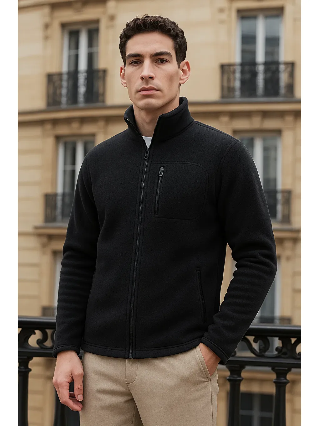 Erkek Kışlık Basic Fermuarlı Cepli Siyah Polar Hırka-1
