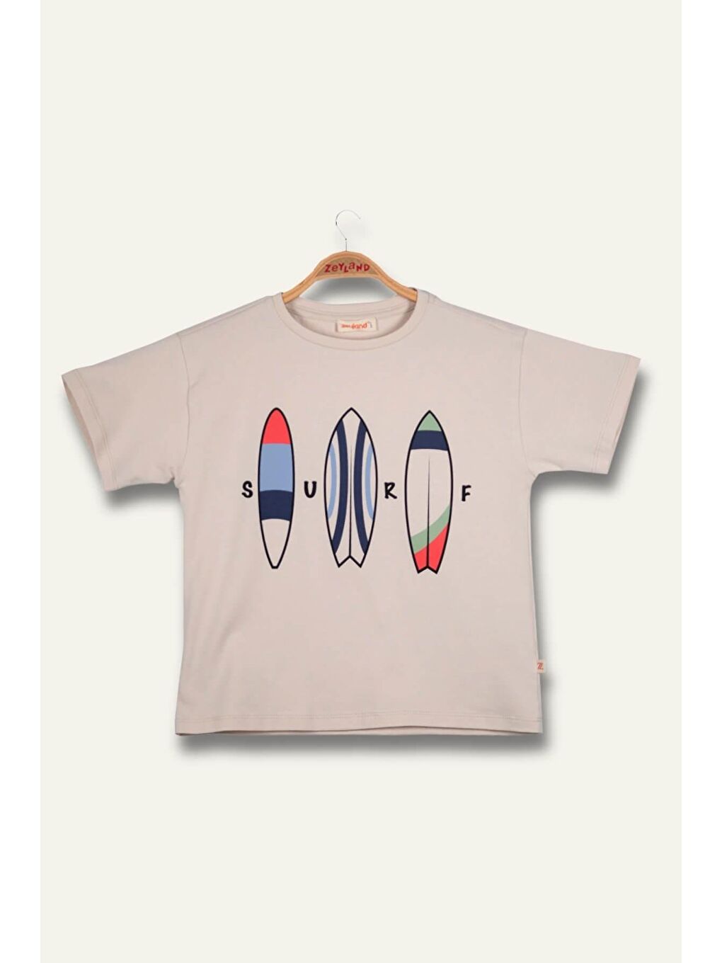 Bej Erkek Çoçuk Sörf Baskılı T-Shirt - Taş Rengi