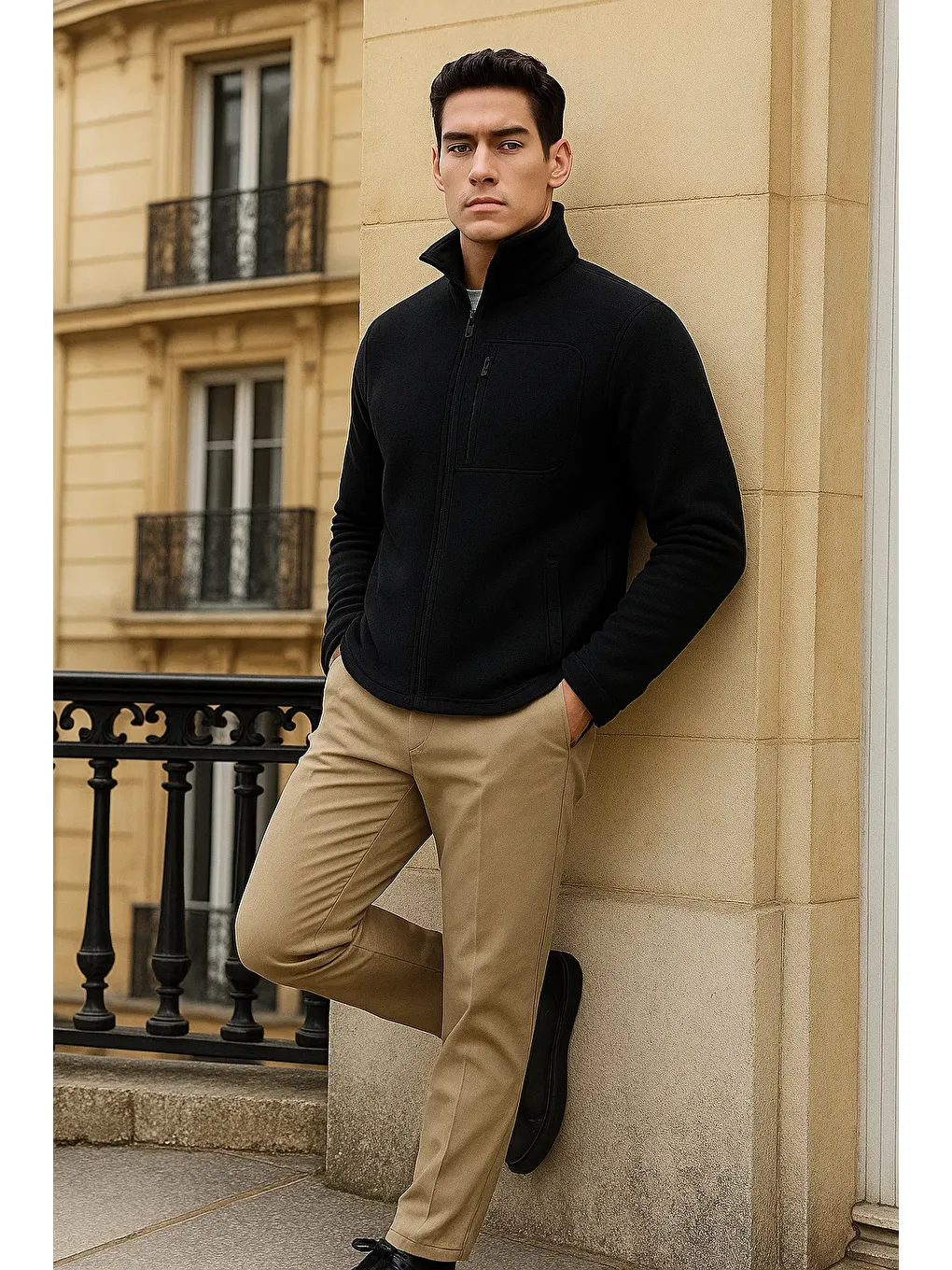 Erkek Kışlık Basic Fermuarlı Cepli Siyah Polar Hırka-2