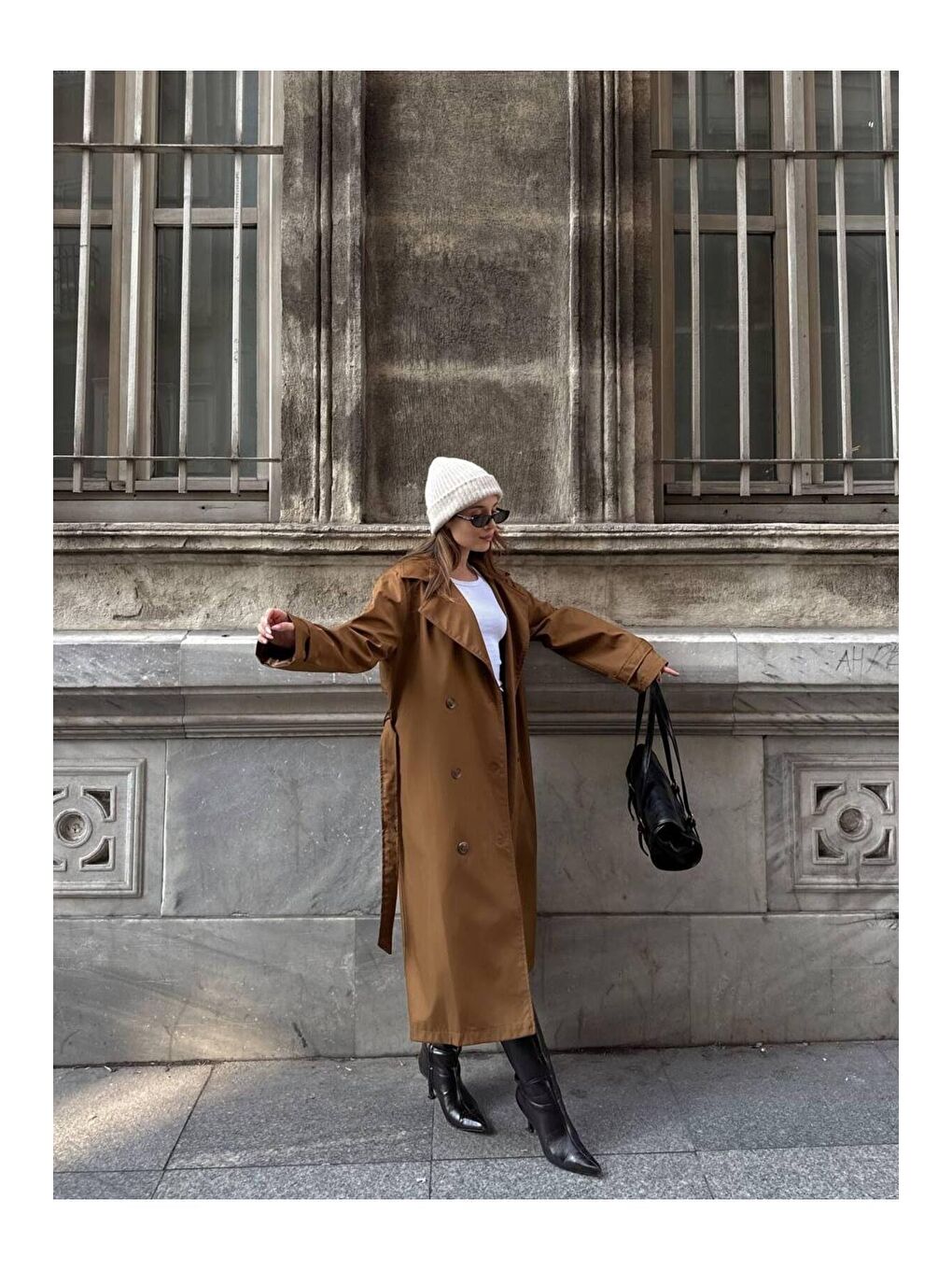 Kahverengi Kadın Krem Kuşaklı Yeni Sezon Trençkot-5