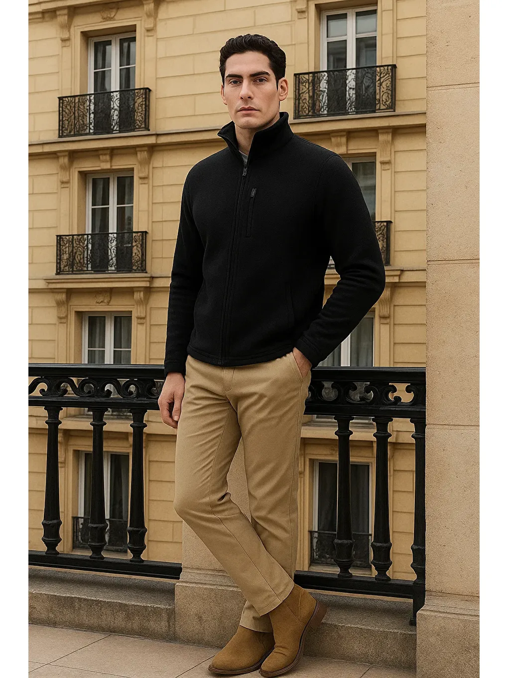 Erkek Kışlık Basic Fermuarlı Cepli Siyah Polar Hırka-3