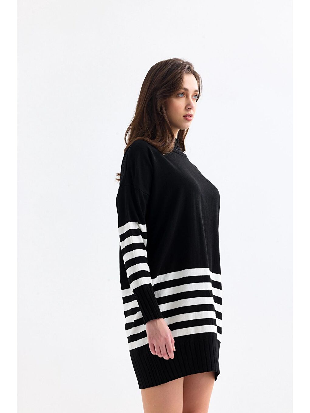 Siyah Balıkçı Yaka Uzun Kollu Eteği ve Kolları Çizgili Oversize Kısa Triko Elbise-3