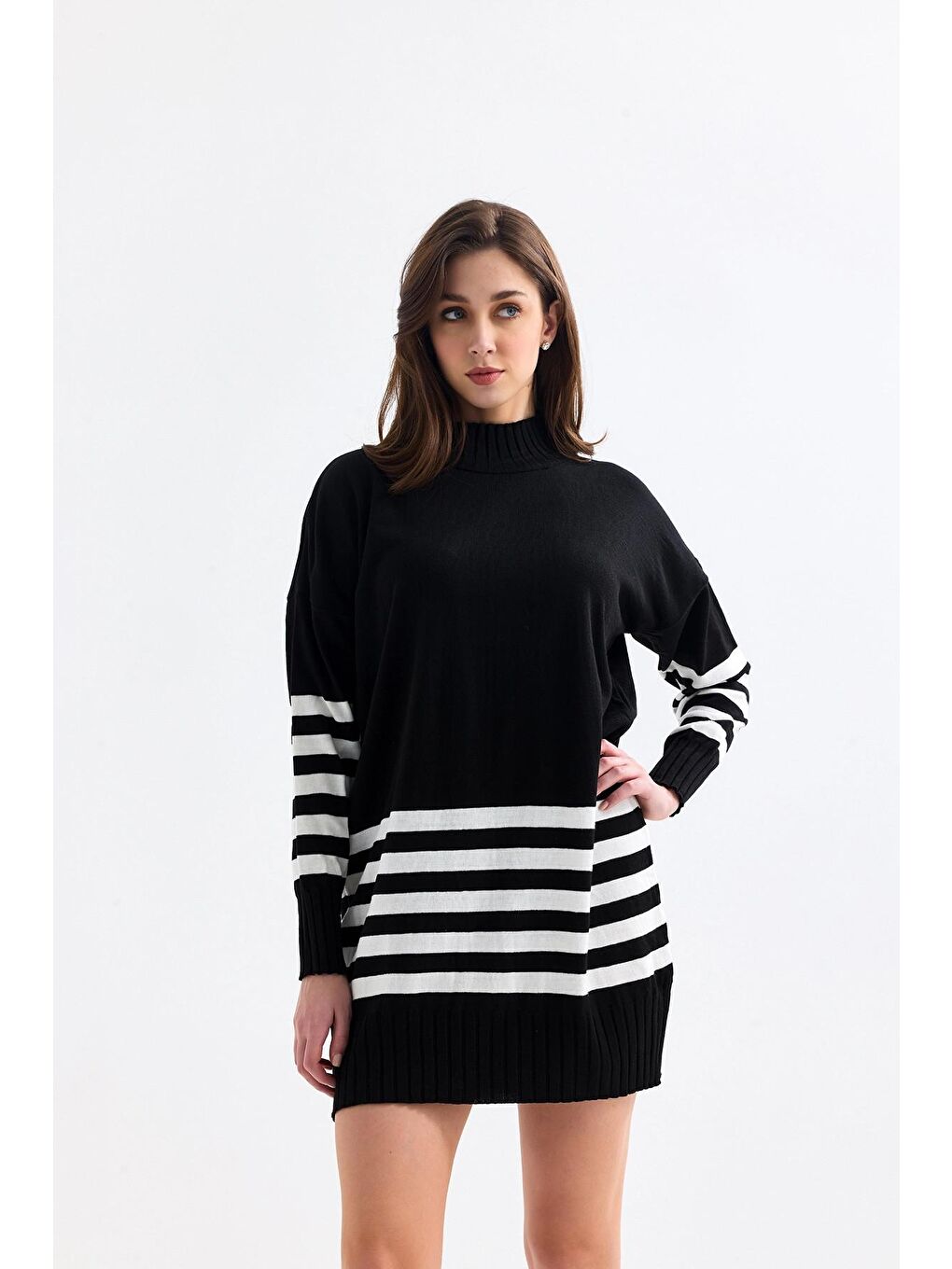 Siyah Balıkçı Yaka Uzun Kollu Eteği ve Kolları Çizgili Oversize Kısa Triko Elbise-4