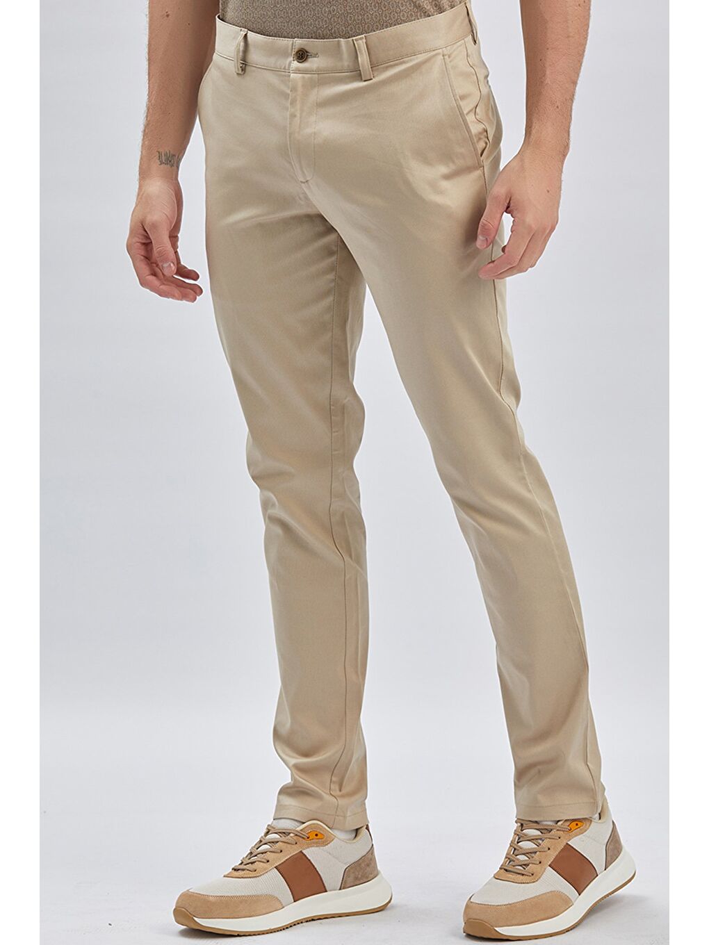 Bej Pamuklu Yandan Cepli Casual Slim Fit Chino Pantolon 1003240161-2