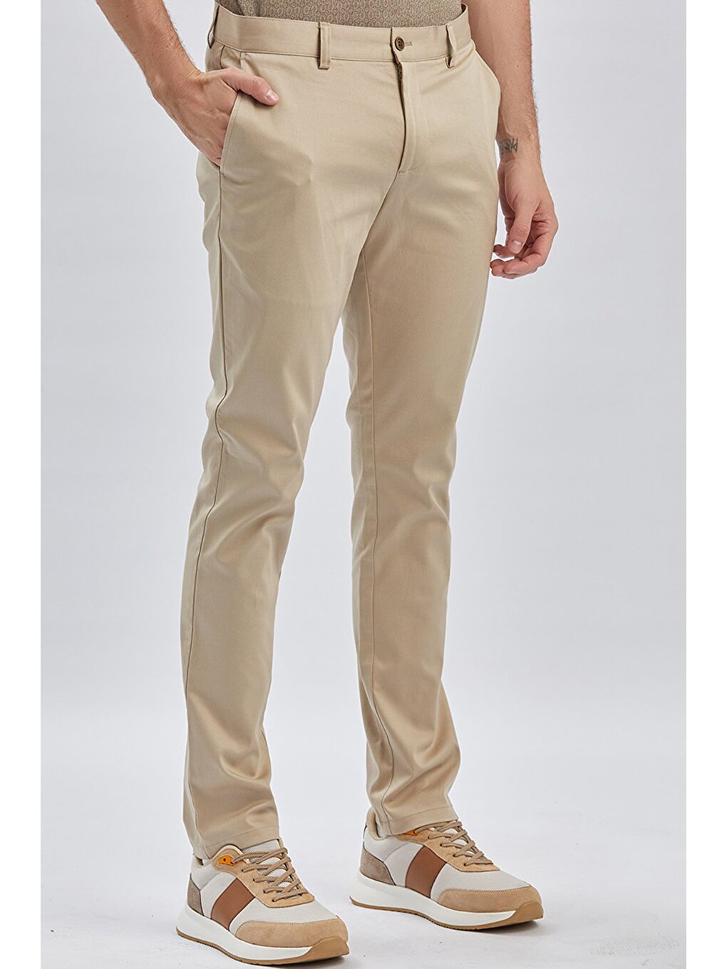 Bej Pamuklu Yandan Cepli Casual Slim Fit Chino Pantolon 1003240161-3