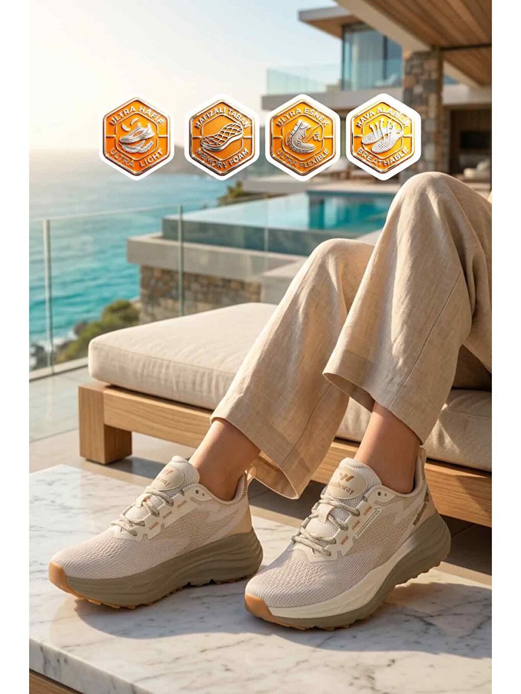 Bej Fileli Hafif Esnek Hafızalı Taban Unisex Spor Ayakkabı Flexion G-1