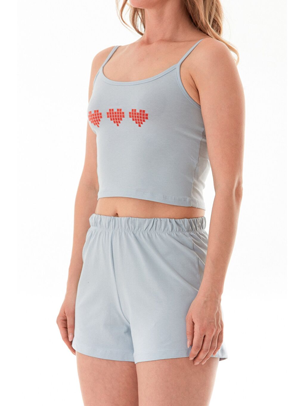 Mavi Kalp Baskılı Askılı Şortlu Pijama Takımı-4