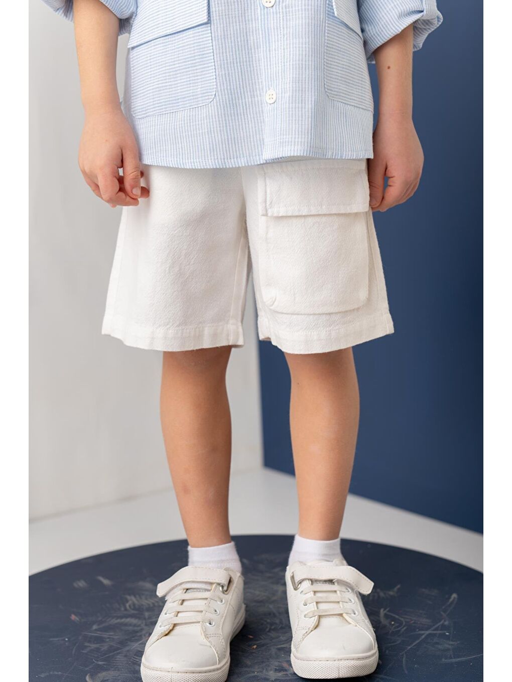 Erkek Çoçuk Kargo Çepli Kısa Şort - Beyaz-1