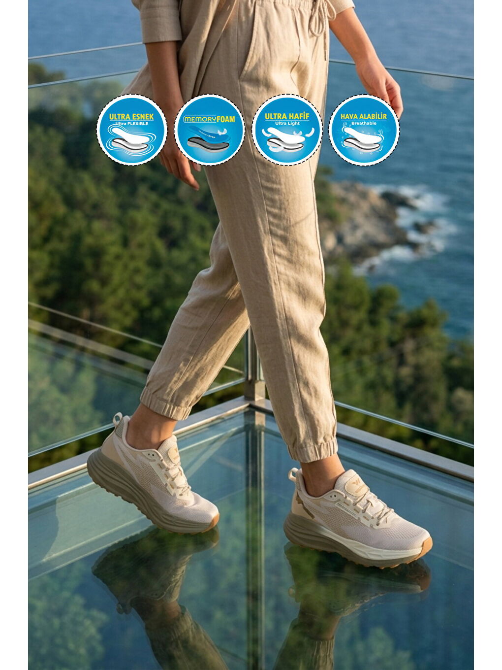 Bej Fileli Hafif Esnek Hafızalı Taban Unisex Spor Ayakkabı Flexion G-2