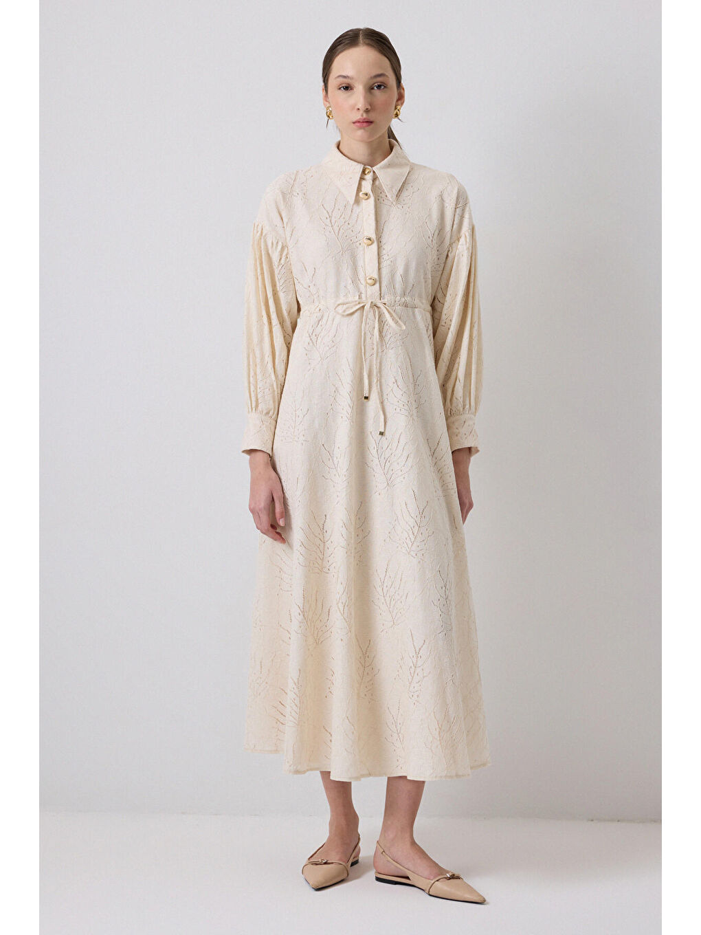 Ekru Gold Düğmeli Fisto Elbise