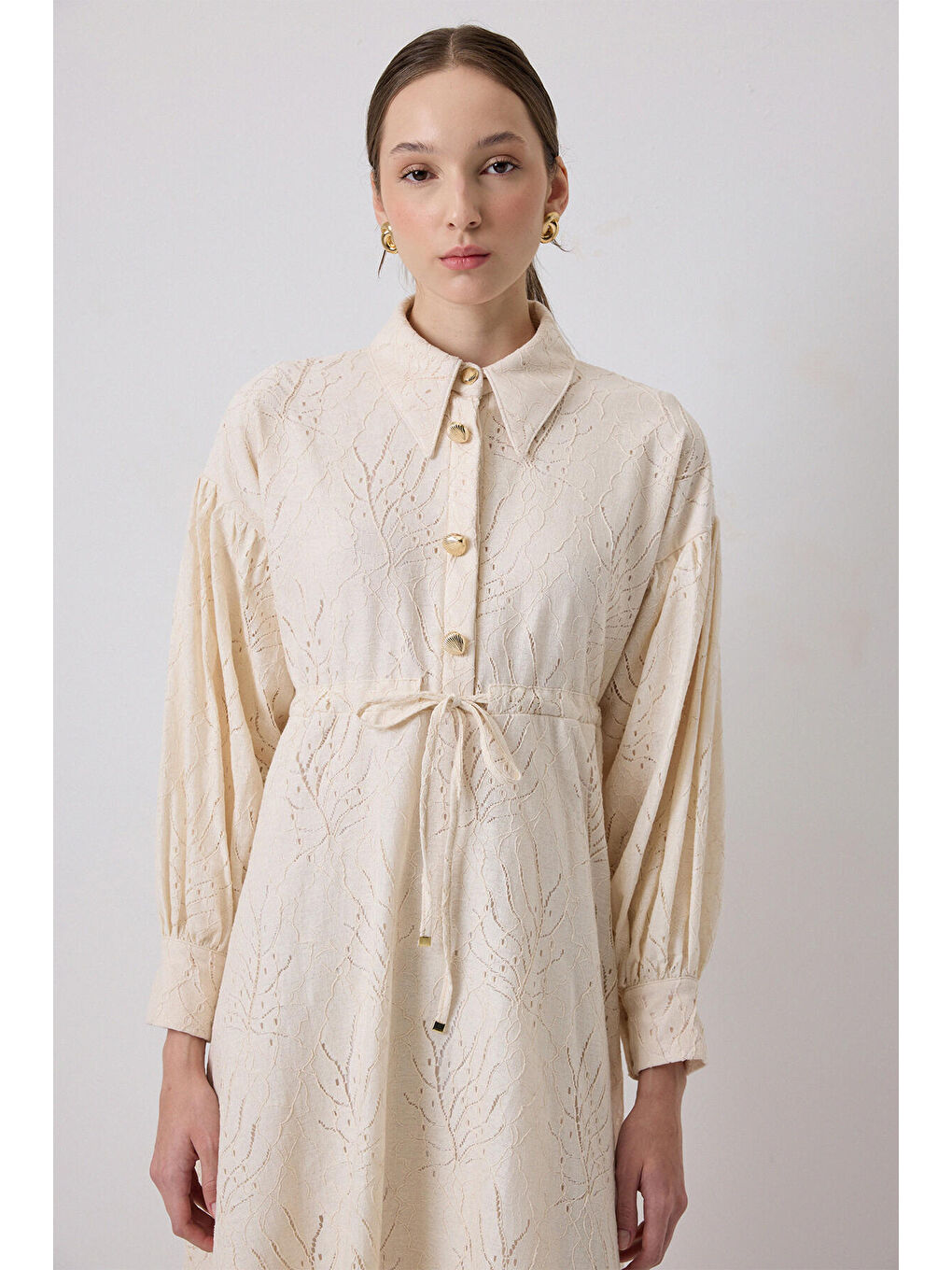 Ekru Gold Düğmeli Fisto Elbise-1