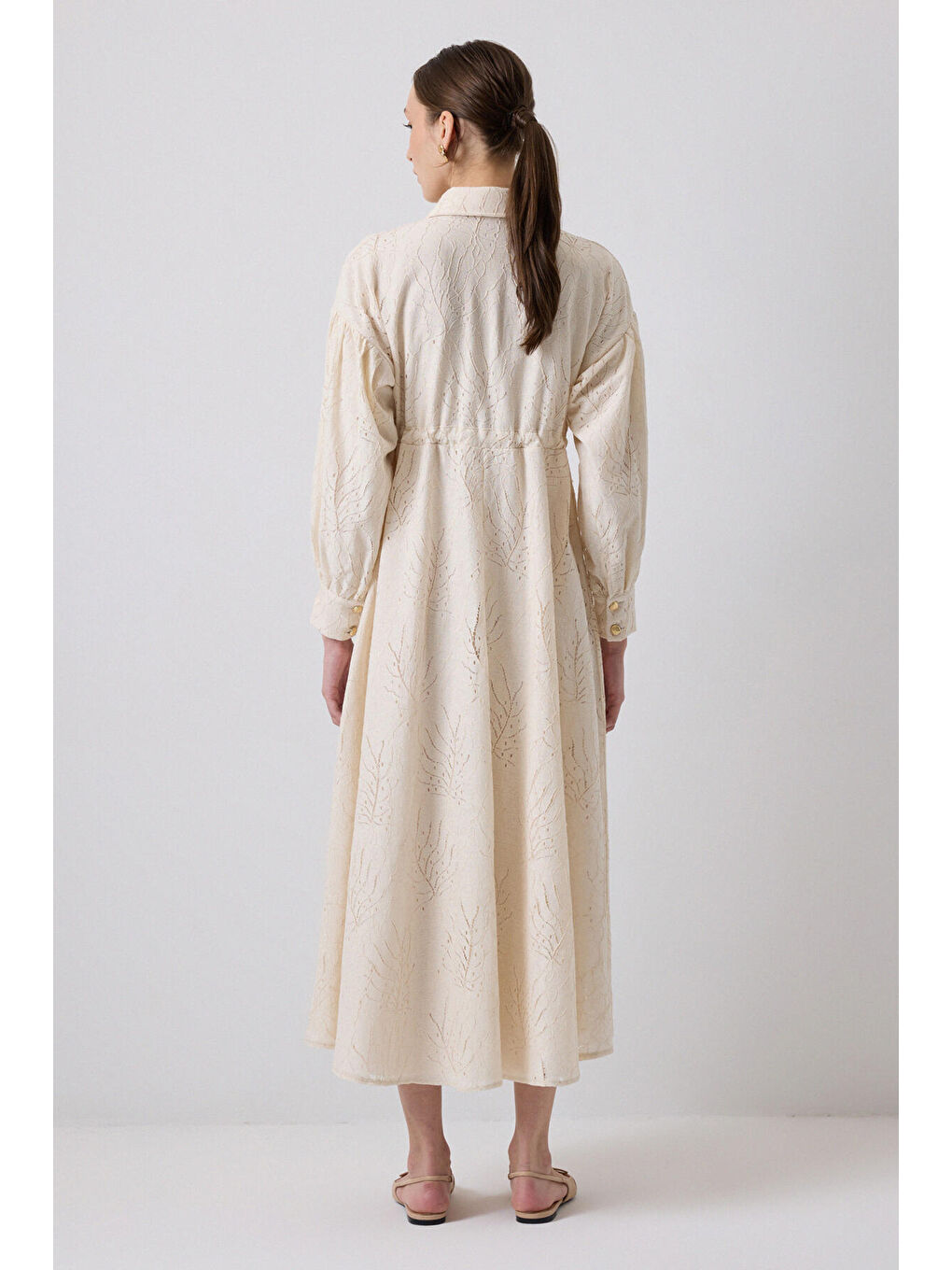 Ekru Gold Düğmeli Fisto Elbise-3