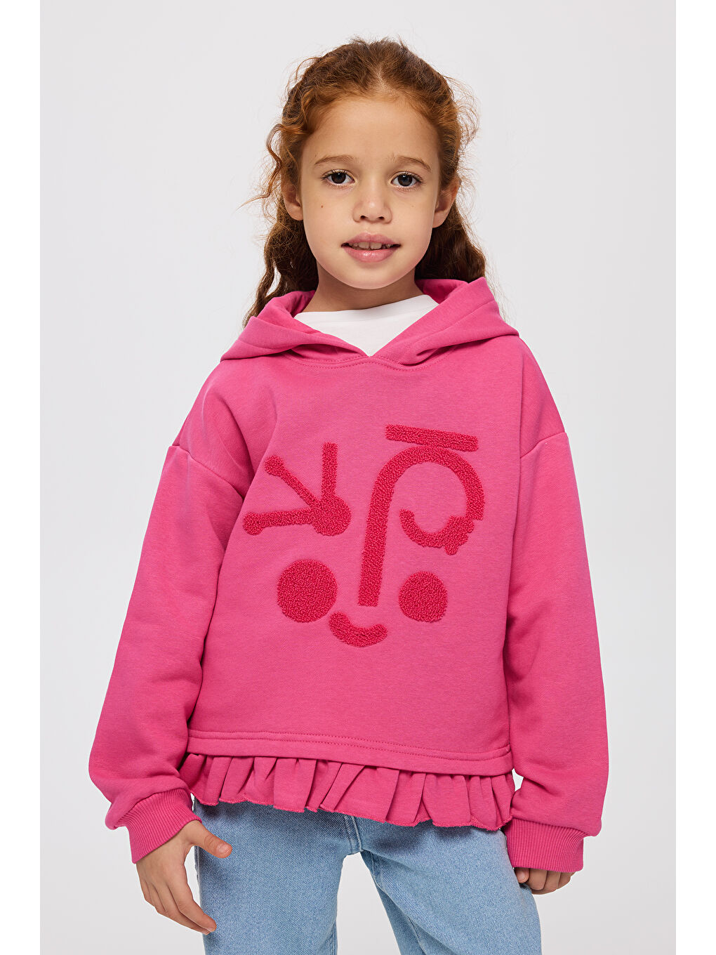 Kız Çocuk Uzun Kollu Süzene Nakışlı Kapüşonlu Fuşya Sweatshirt-2