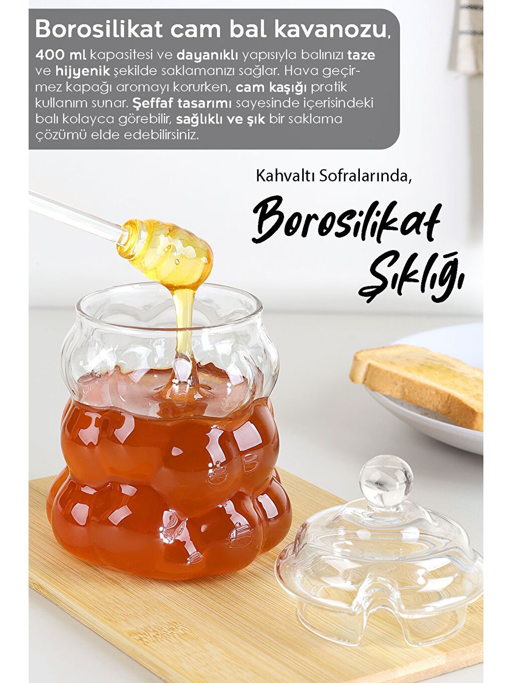 Renksiz 2li Kaşıklı Borosilikat Cam Bal Kavanozu Kapaklı Boncuk Şekilli Reçellik Bal Reçel Kavanozu 400ml-1