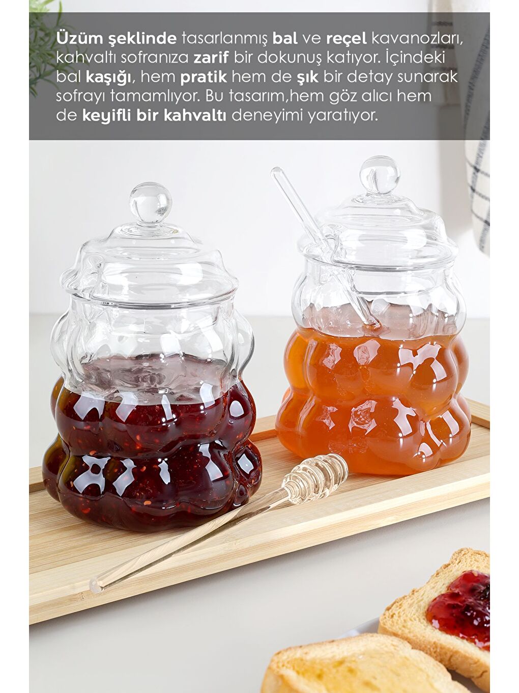 Renksiz 2li Kaşıklı Borosilikat Cam Bal Kavanozu Kapaklı Boncuk Şekilli Reçellik Bal Reçel Kavanozu 400ml-2